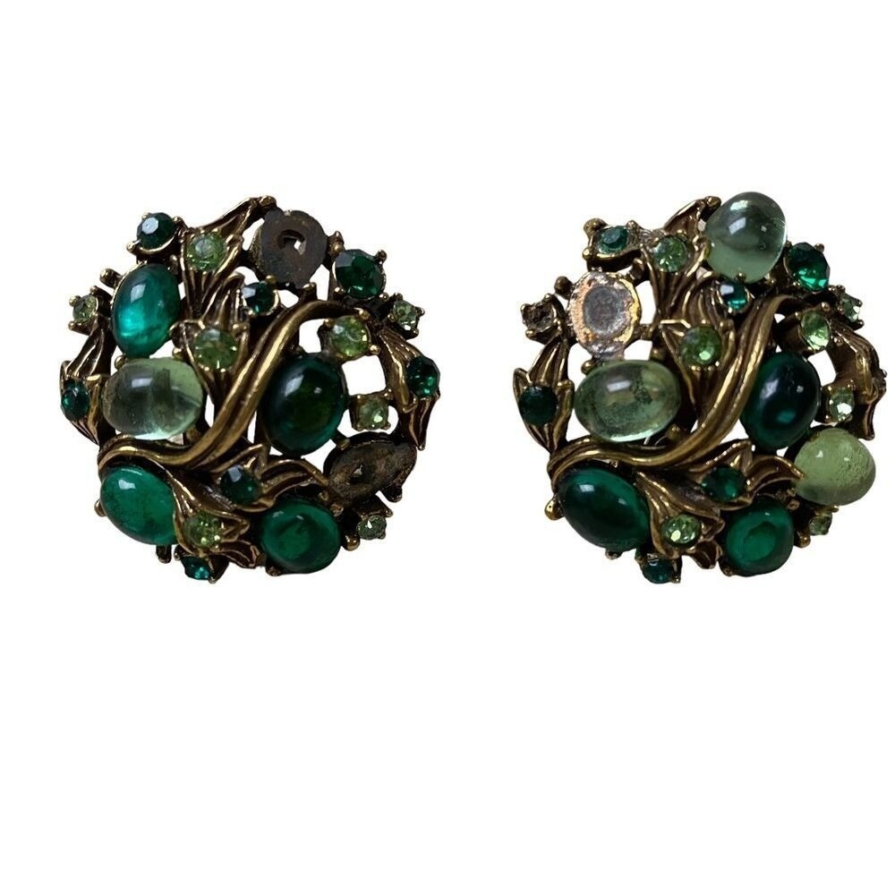 Capri Vintage Green Cabochon Cluster Clip On Earrings- MISSING‎ STONES